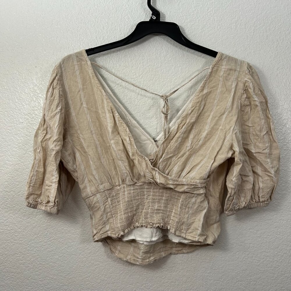 Abercrombie & Fitch Striped Linen Blend Puff Sleeve Surplice Crop Top Faux Wrap - Picture 5 of 9